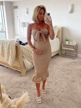 Women’s Beige Tie-Front Smocked Midi Dress